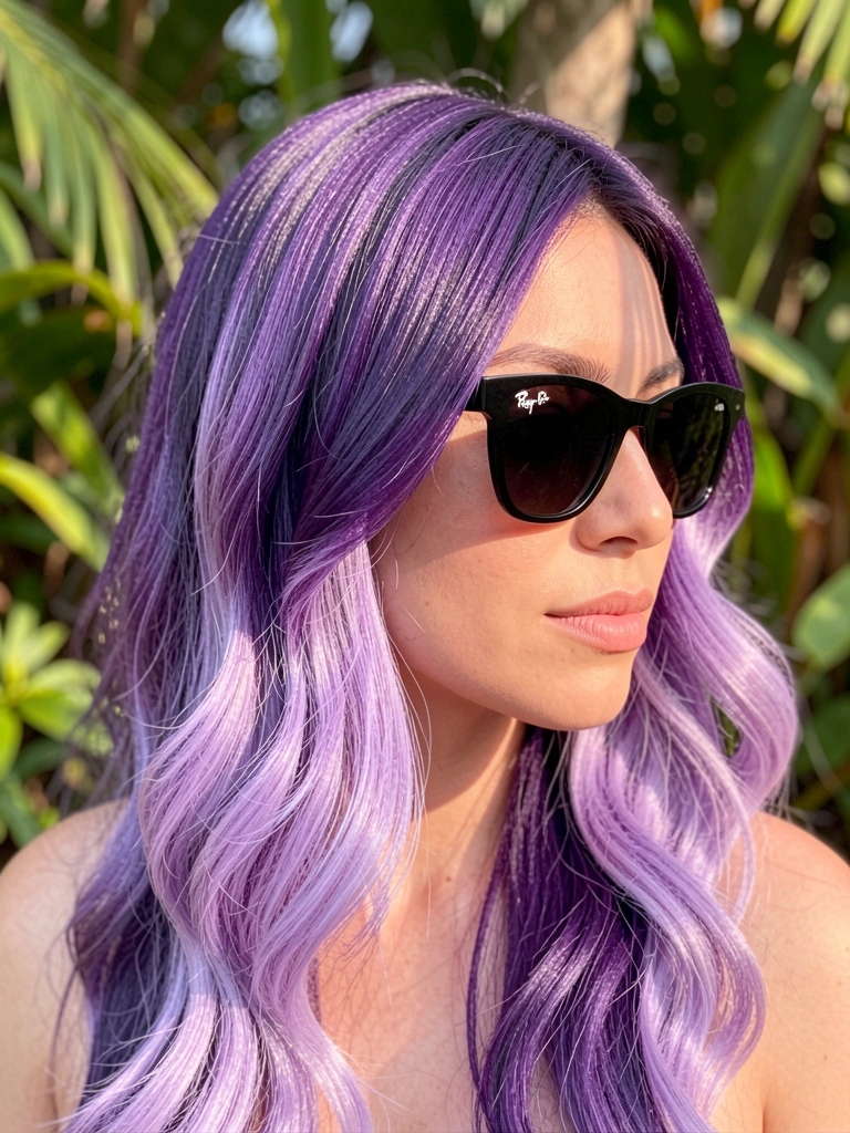 Mulher com cabelo roxo escuro ondulado, óculos Ray-Ban pretos, luz natural suave e folhagem verde ao fundo.