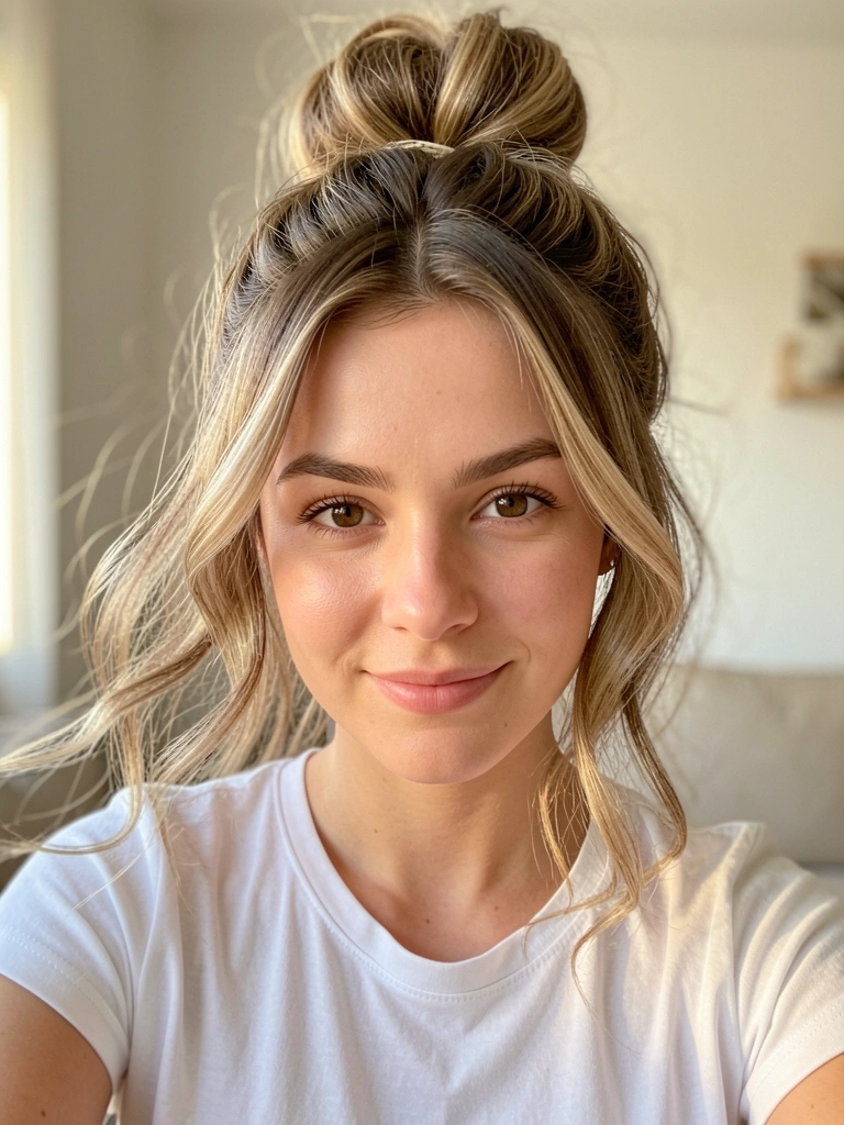 Retrato de mulher com cabelo castanho claro e loiro preso em coque alto, mechas soltas ao vento, luz natural suave no rosto, fundo neutro desfocado.