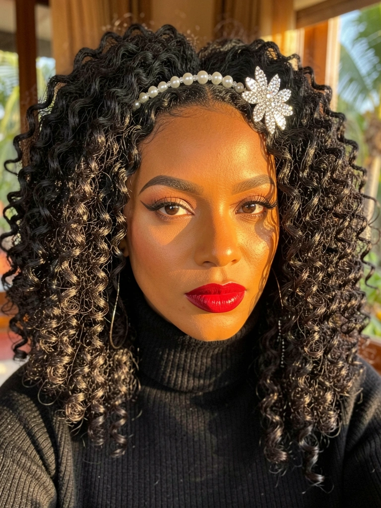 Cacheados volumosos com tiara de prata e pérolas, broche de strass brilhante, gola rulê preta e luz natural difusa ao fundo.