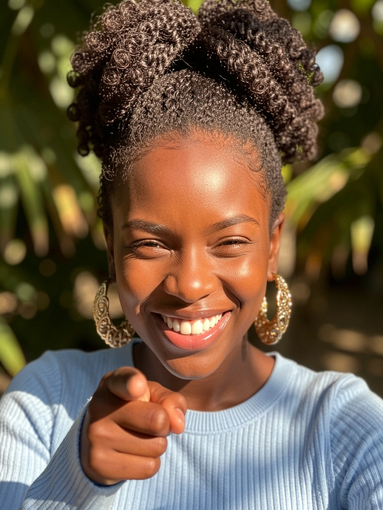 Jovem negra com cabelo crespo em coque alto, apontando para a câmera com sorriso confiante, brincos dourados e suéter azul claro em luz difusa.