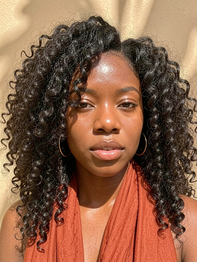 Jovem negra com cabelo afro cacheado volumoso, brincos de argola dourados e cachecol cor de ferrugem, fundo bege com sombras suaves.
