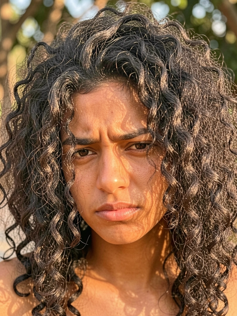 Jovem de cabelos crespos escuros e volumosos, expressão pensativa, pele morena, luz dourada suave e fundo desfocado com manchas de sol.