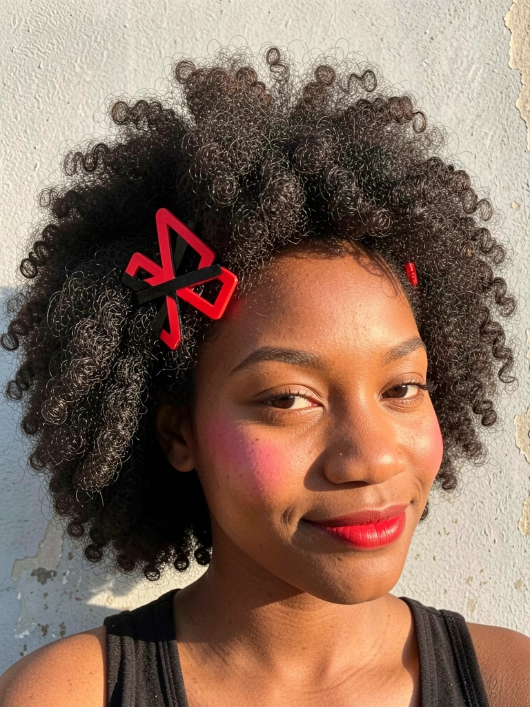 Mulher negra sorrindo com cabelo afro volumoso e clipes geométricos vermelhos e pretos, parede cinza texturizada e luz natural suave.