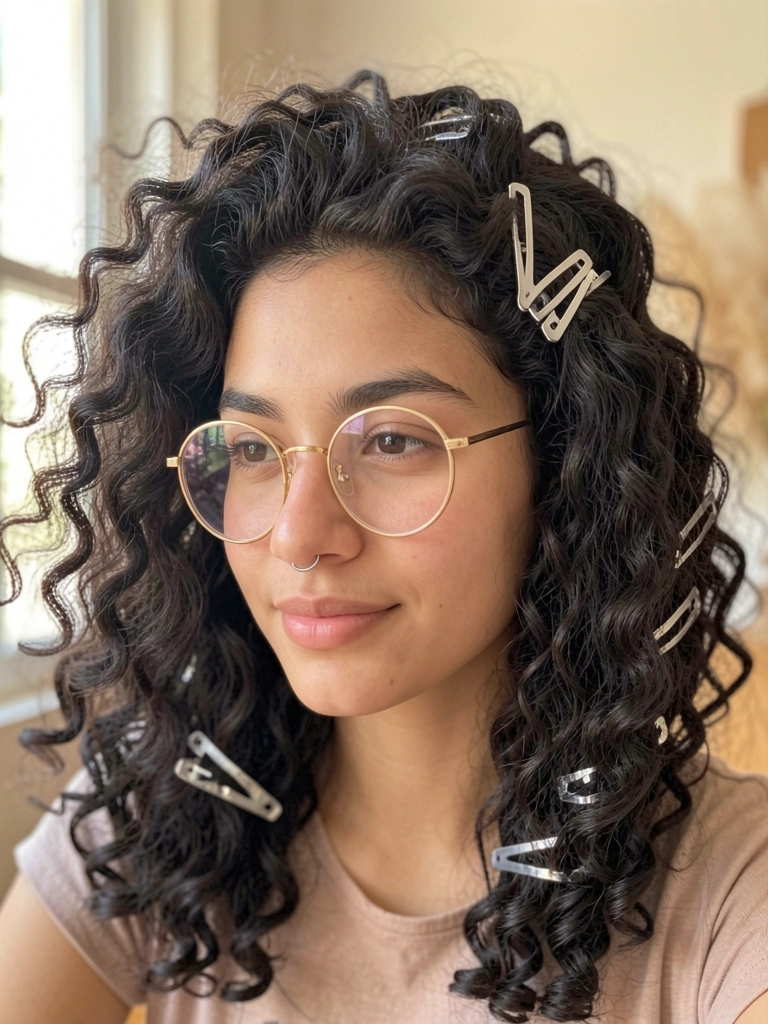 Jovem de cabelos crespos volumosos com grampos de prata, óculos redondos de aro dourado e piercing no nariz, luz natural suave e fundo neutro desfocado.