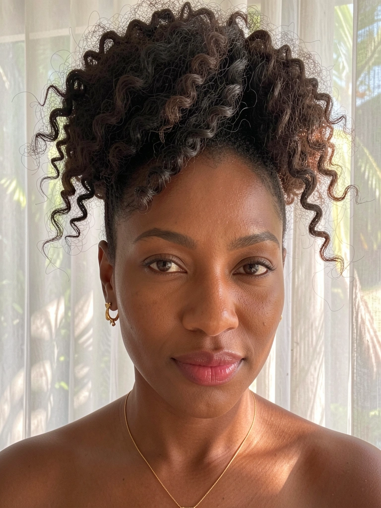 Close-up de mulher negra com cabelo cacheado preso em coque elaborado, brincos e colar de ouro, pele iluminada por luz difusa com cortina branca ao fundo.