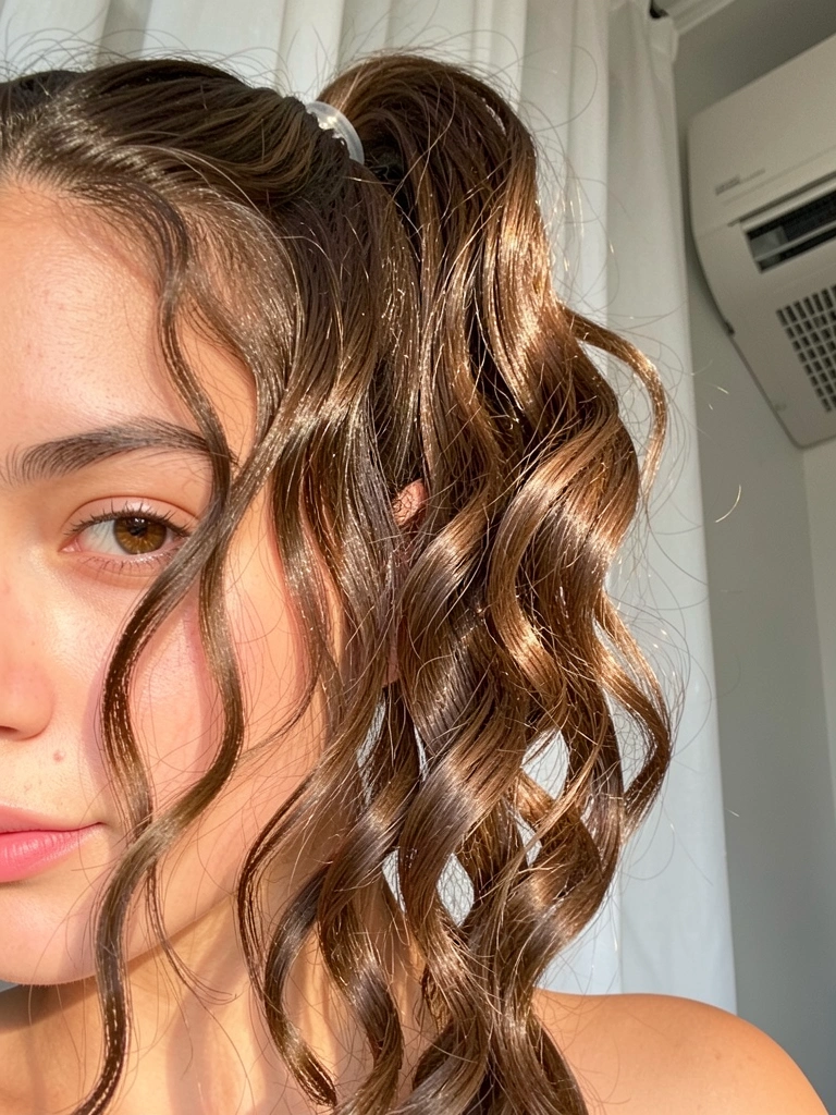 Jovem com cabelo cacheado preso em rabo de cavalo alto, elástico transparente, fundo com cortina branca e ar condicionado cinza, luz natural.