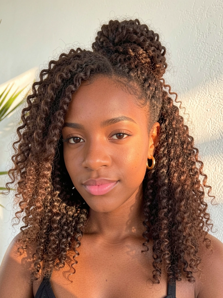 Mulher negra com cabelo crespo volumoso preso em torcidinho, brinco de argola dourado, luz natural suave e parede branca texturizada ao fundo.