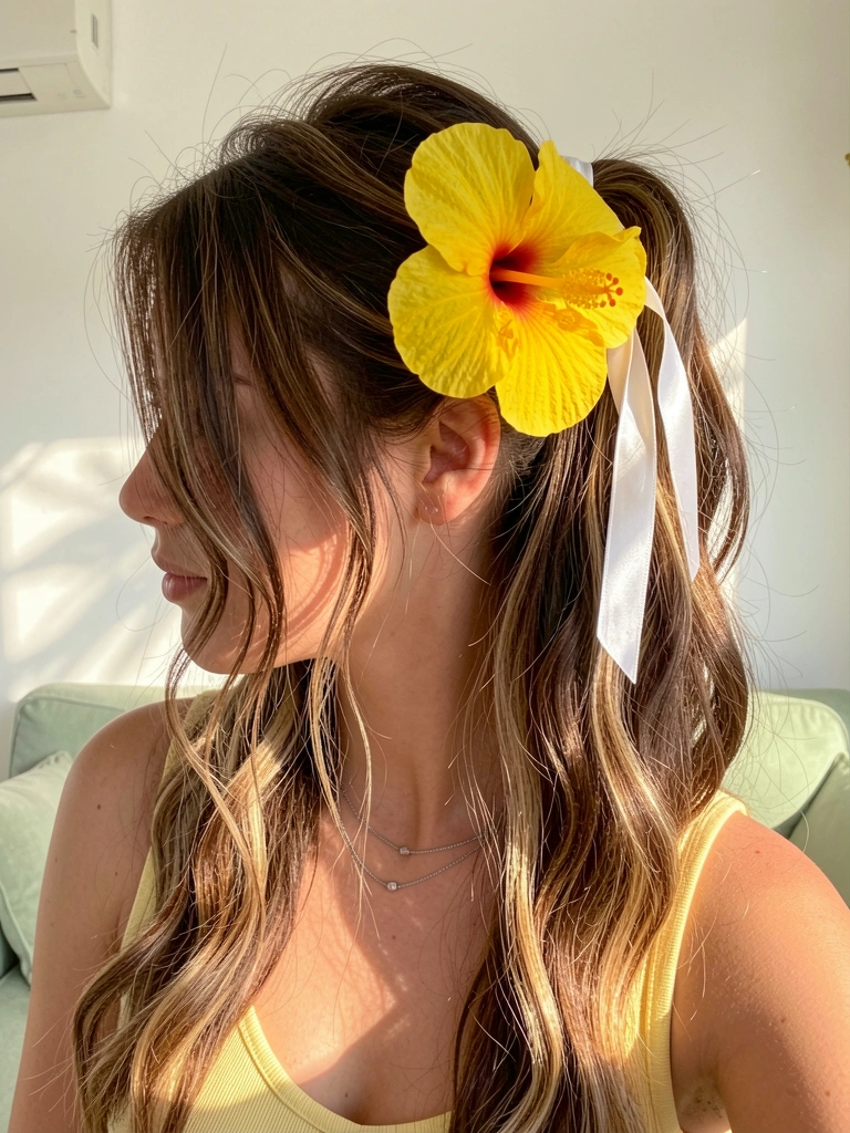 Jovem com flor de hibisco amarela no cabelo preso com fita de cetim branca, colar de prata, fundo de parede branca e sofá verde claro, luz natural.