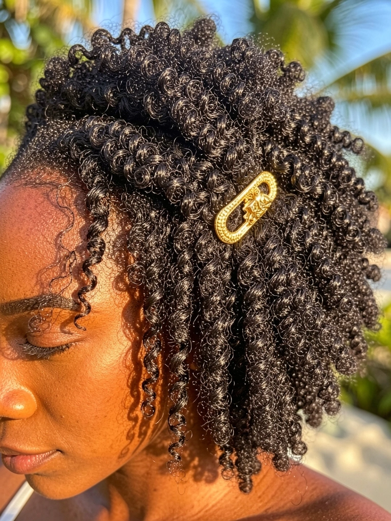 Cabelo afro crespo com partilha lateral e clipe dourado, luz natural realça textura e brilho.