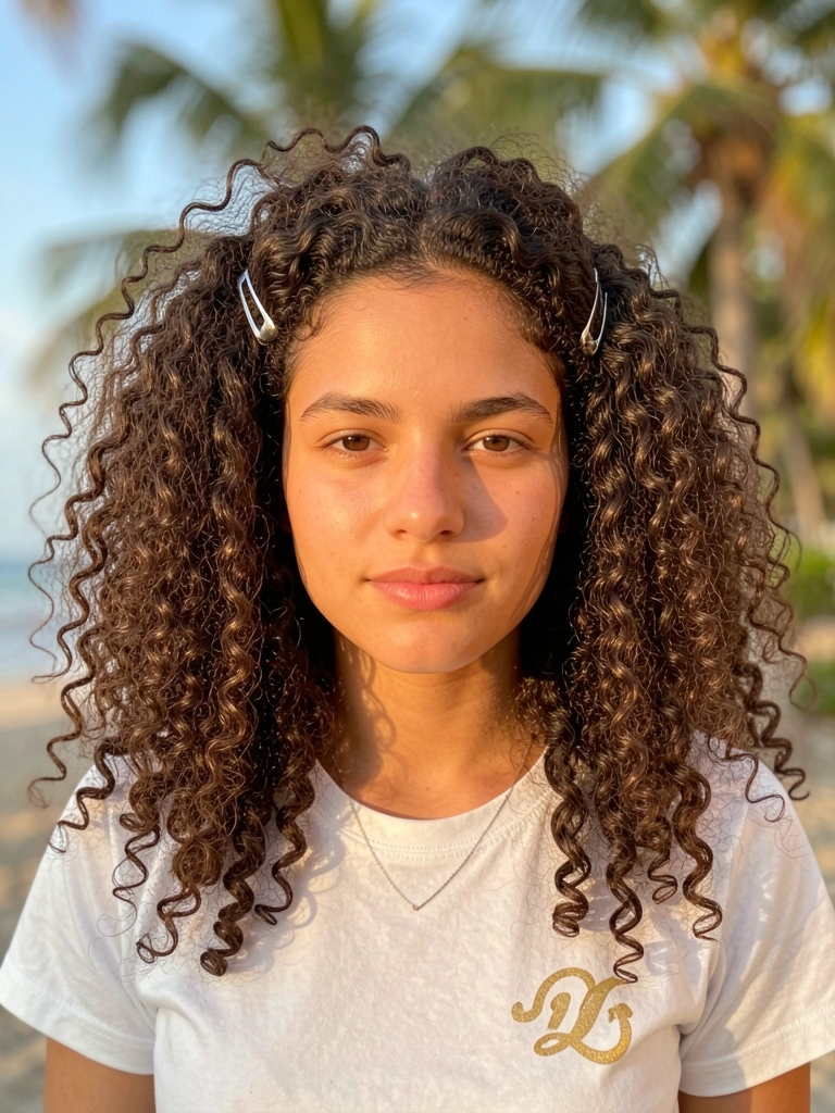 Mulher com cabelo cacheado preso com grampos prateados, camiseta branca com logo dourado, luz natural quente e fundo desfocado.