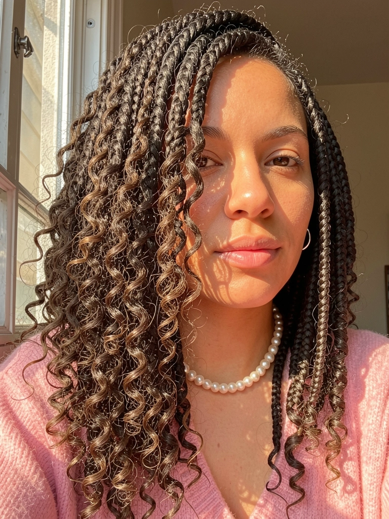 Rosto de mulher com cabelo cacheado trançado e volumoso sobre o ombro, colar de pérolas e brincos de argola, luz natural quente, suéter rosa.