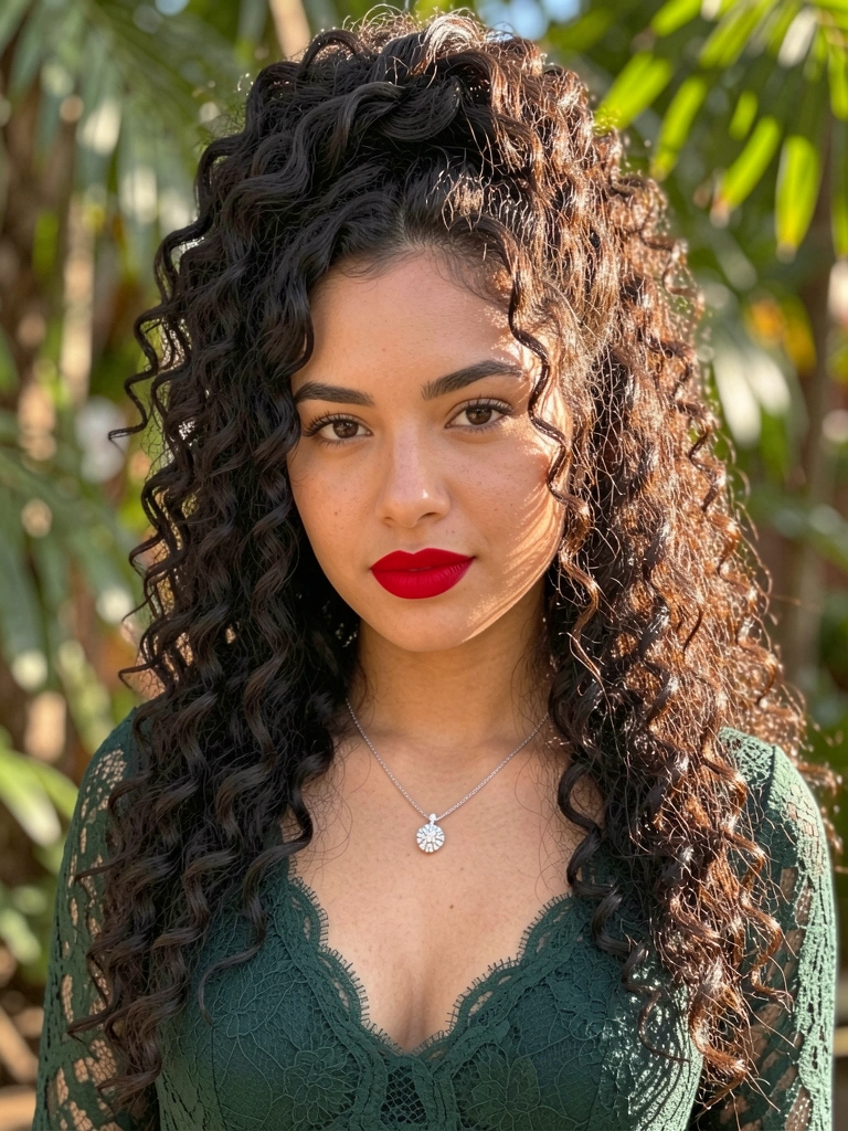 Mulher com cabelo cacheado preso em coque volumoso, vestido de renda verde escuro e colar de prata, luz natural filtrada por folhas.