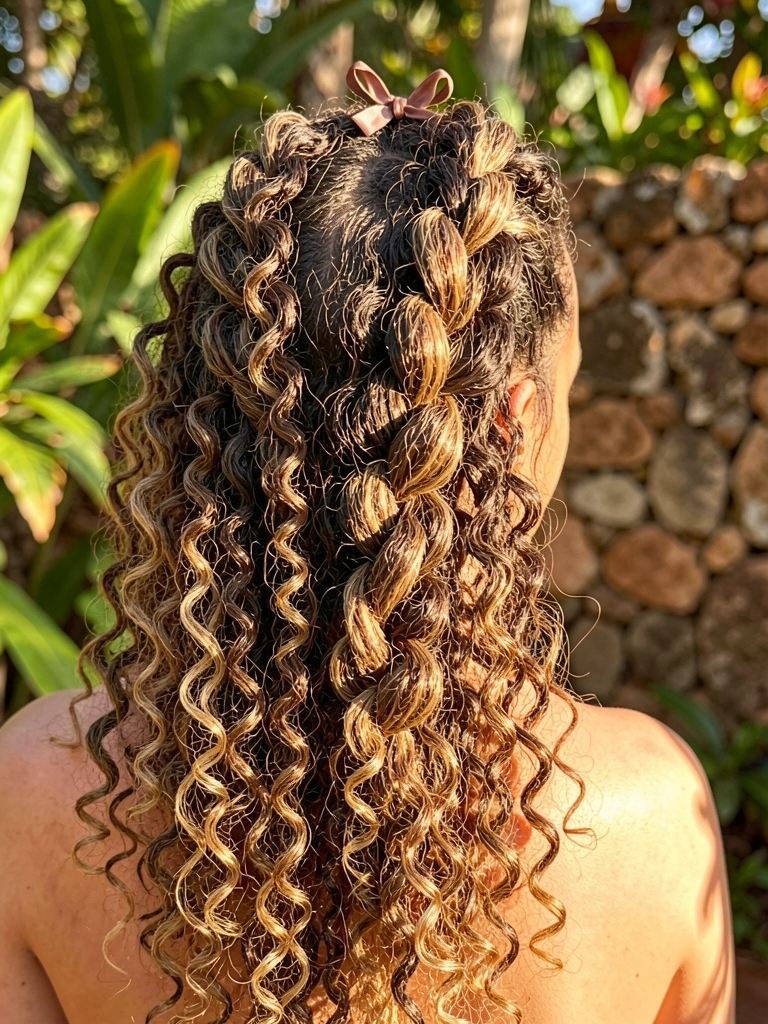 Trança rabo de peixe com laço em cabelo crespo castanho e loiro, luz natural incidindo sobre os fios, fundo desfocado com folhagens e muro de pedra.