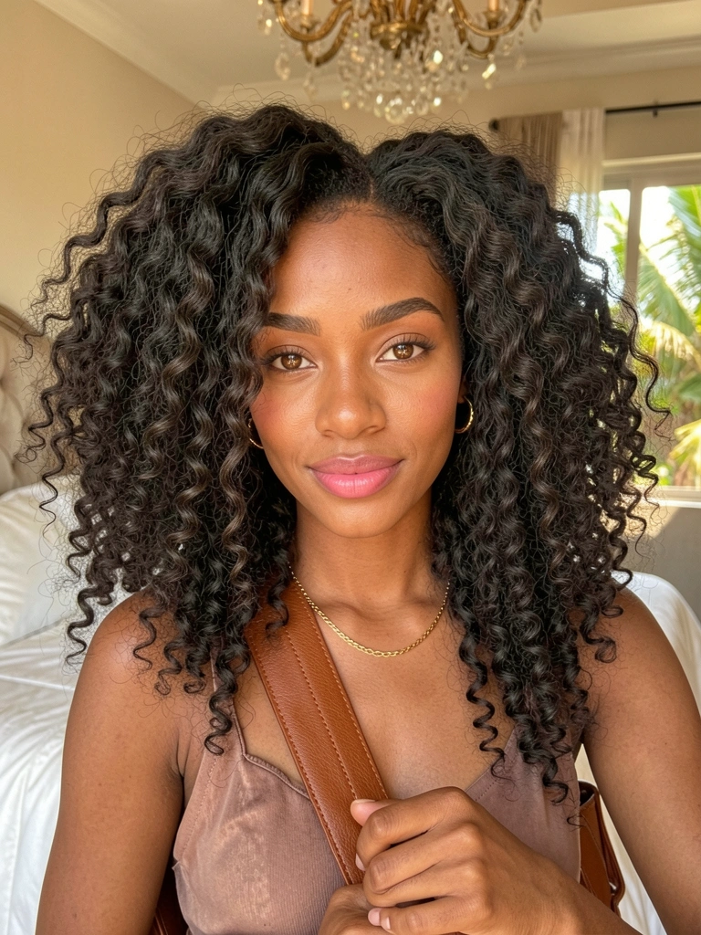 Retrato de mulher negra de cabelos cacheados volumosos, colar de ouro fino, bolsa de couro marrom, quarto com edredom branco e lustre ao fundo, luz natural.