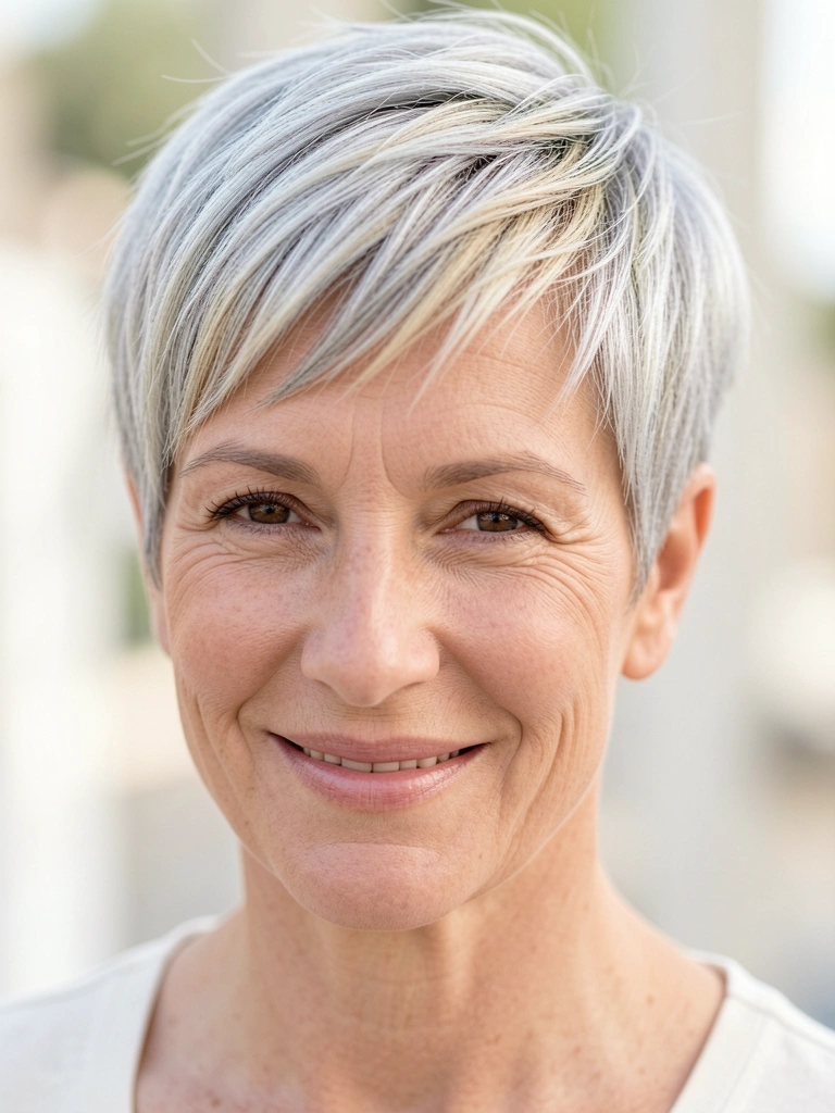 Close-up de mulher madura com cabelo grisalho e loiro cortado em pixie, textura em camadas e luz natural difusa.