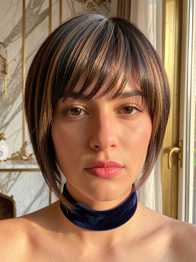 Jovem de cabelo castanho escuro com franja longa e choker de veludo azul, luz natural entrando por janela, fundo com mármore e detalhes dourados.