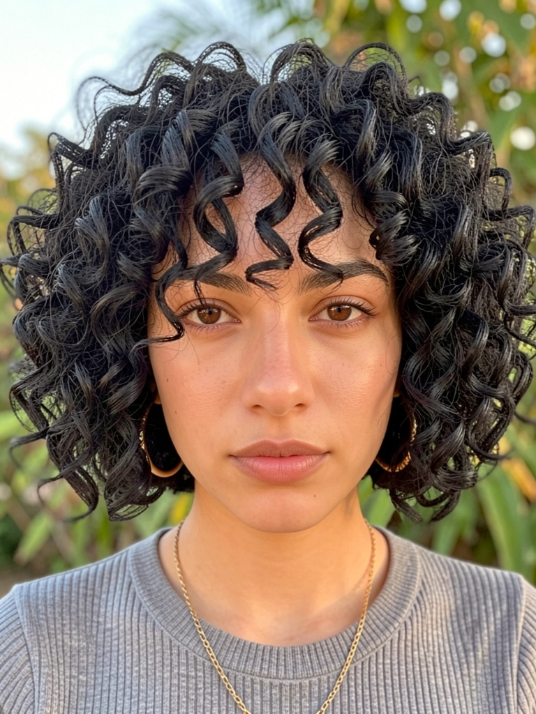 Cachos negros volumosos em corte curto texturizado, brincos dourados e colar fino, fundo com verde desfocado.