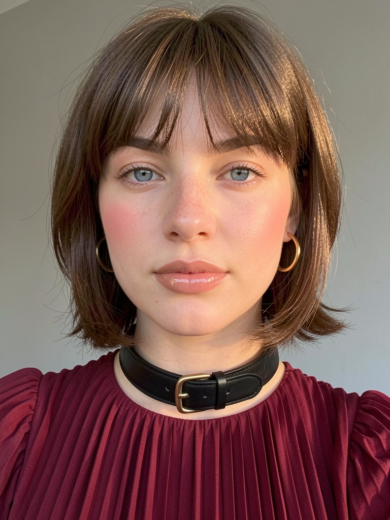 Mulher de cabelo castanho curto e franja, vestido vinho plissado e colar de couro preto, iluminação natural suave em fundo cinza neutro.