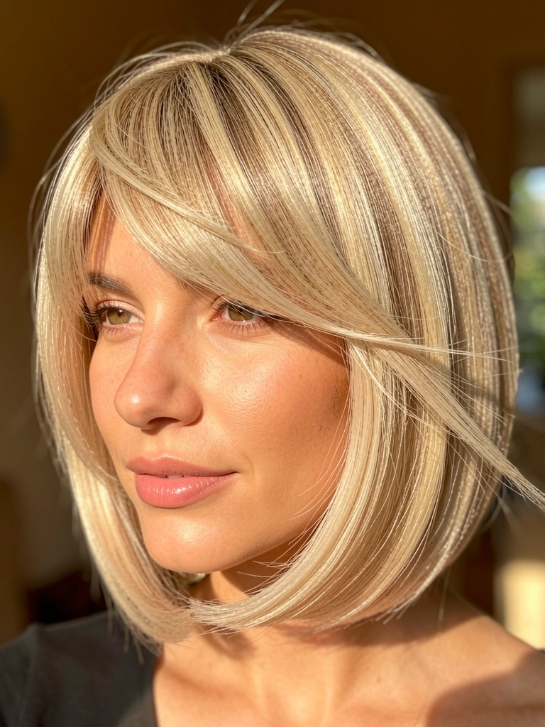 Close-up de cabelo loiro curto com camadas e franja, levemente soprado pelo vento, pele com brilho natural, fundo interno desfocado com luz quente.