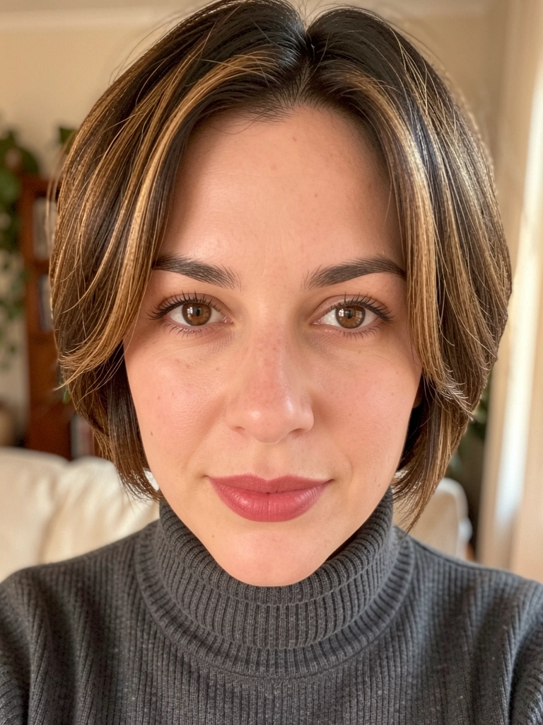Close-up de mulher com cabelo castanho texturizado e mechas caramelo, suéter cinza escuro de gola rolê, luz difusa suave e fundo desfocado.