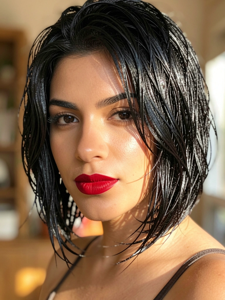 Close-up de mulher com cabelo preto assimétrico, liso e molhado, batom vermelho, pele radiante, fundo desfocado com luz difusa.