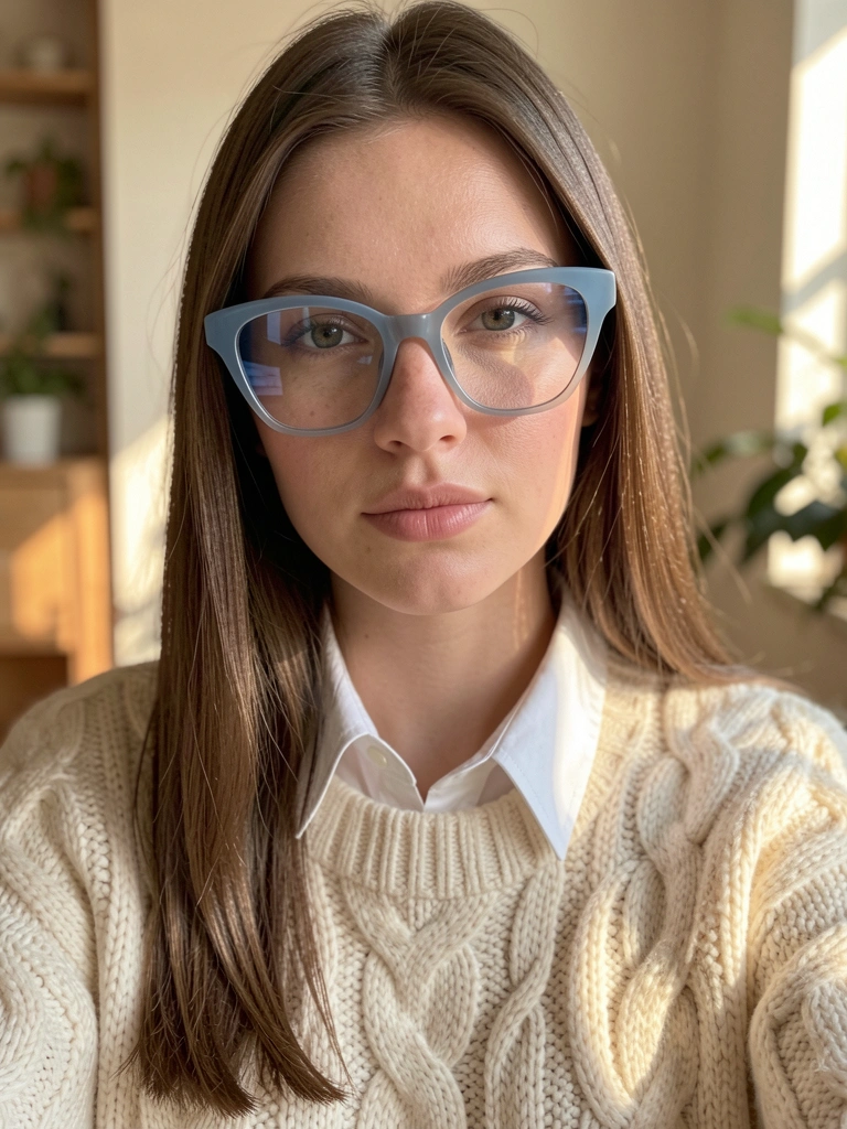 Jovem de cabelo castanho liso usando óculos gatinho com lentes azul-acinzentadas e suéter de tricô creme, luz natural difusa destacando a textura da pele e do tecido.