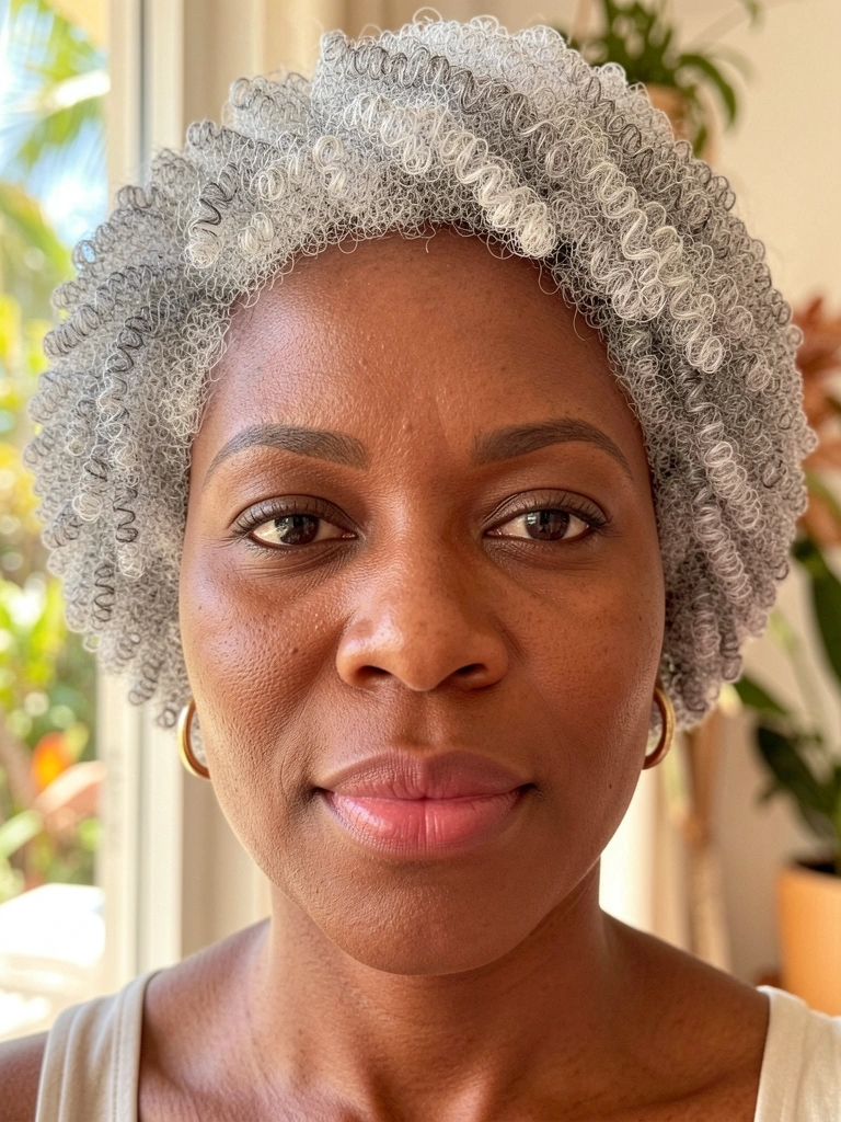 Cabelo crespo grisalho em corte arredondado, brincos de argola dourados, pele negra iluminada por luz natural difusa.