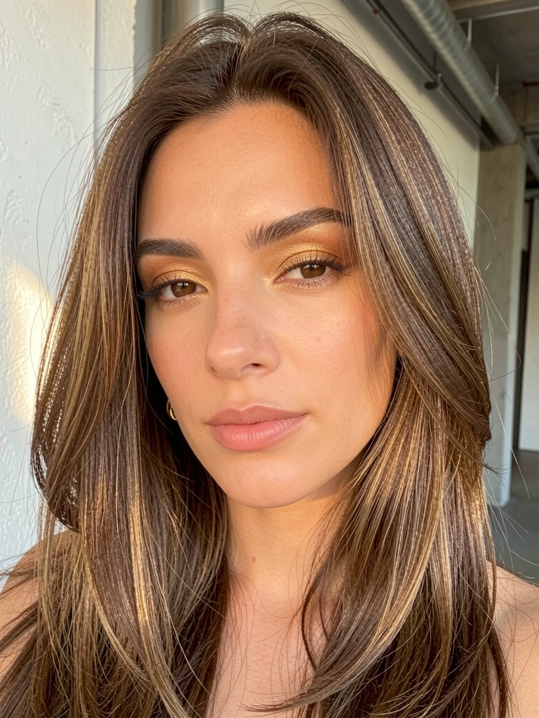 Mulher de cabelos castanhos em camadas, maquiagem dourada sutil e brinco de ouro, luz natural suave em fundo industrial texturizado.
