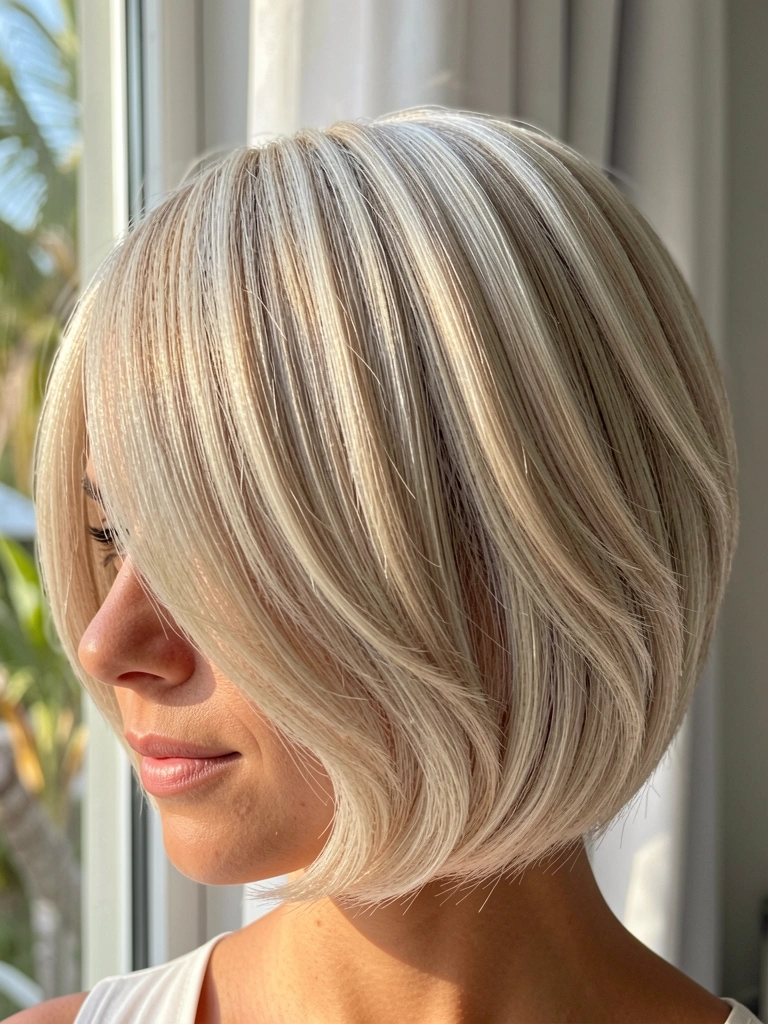 Close-up de mulher com bob curto platinado, luz natural filtrada por janela, fundo desfocado branco e cinza.