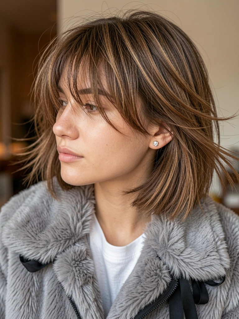 Jovem com casaco de pele cinza e brincos prateados, cabelo castanho com mechas ao vento, fundo desfocado e luz suave.