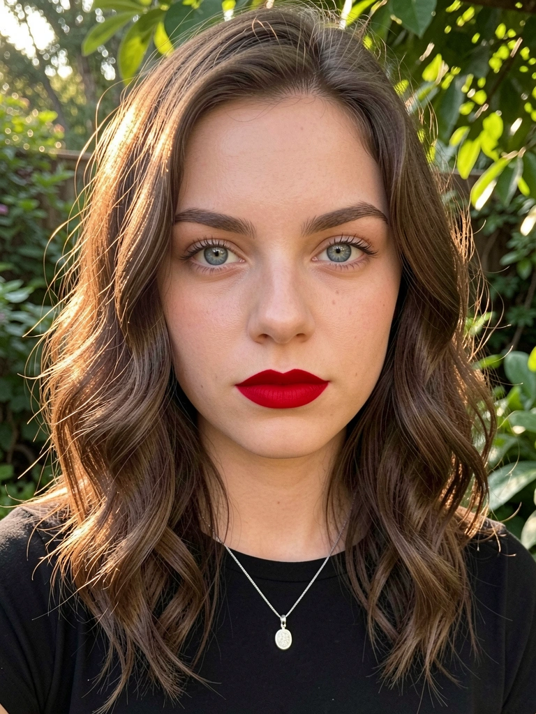 Mulher de cabelos castanhos ondulados, olhos azuis e batom vermelho, colar de prata, fundo de jardim com luz solar salpicada.