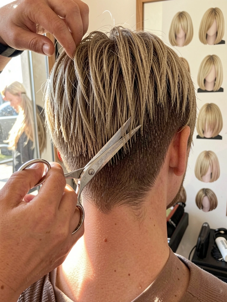 Mão de cabeleireira cortando cabelo loiro texturizado com tesoura afiada, close no pescoço e ombros, espelho reflete colagem de cortes bob, luz natural do dia.