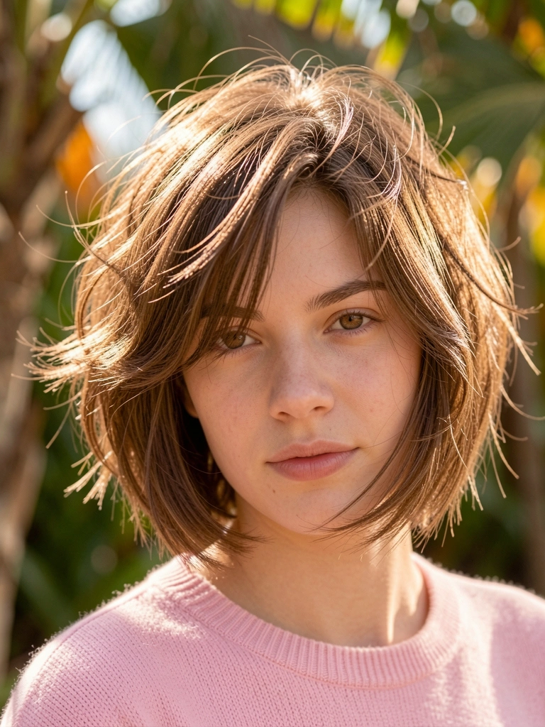Jovem de cabelo curto texturizado com ondas soltas e luz natural filtrada, suéter rosa claro e fundo desfocado com tons tropicais.