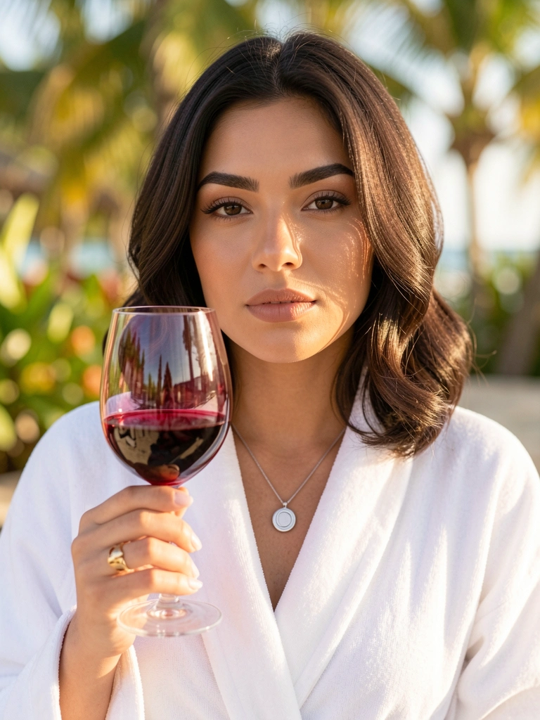 Mulher de roupão branco segurando taça de vinho tinto, cabelo castanho ondulado, luz natural e fundo desfocado com bokeh.