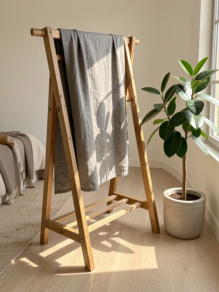 Cabide de madeira rústico com tecido de linho cinza, vaso de concreto texturizado com ficus verde, luz natural entrando pela janela em quarto minimalista.