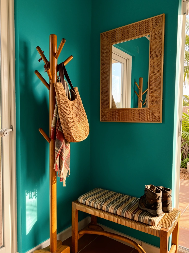 Painel teal, cabideiro alto de madeira com bolsa trançada e cachecol xadrez, banco listrado com botas de trilha, moldura de espelho de fibra natural, luz do dia entrando pela porta de vidro.