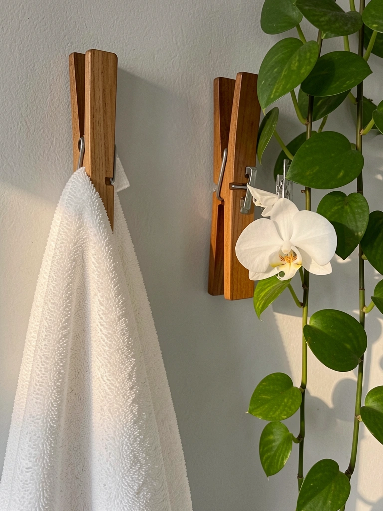 Pregadores de madeira em parede cinza clara seguram toalha branca e jiboia pendente; luz natural lateral destaca texturas.