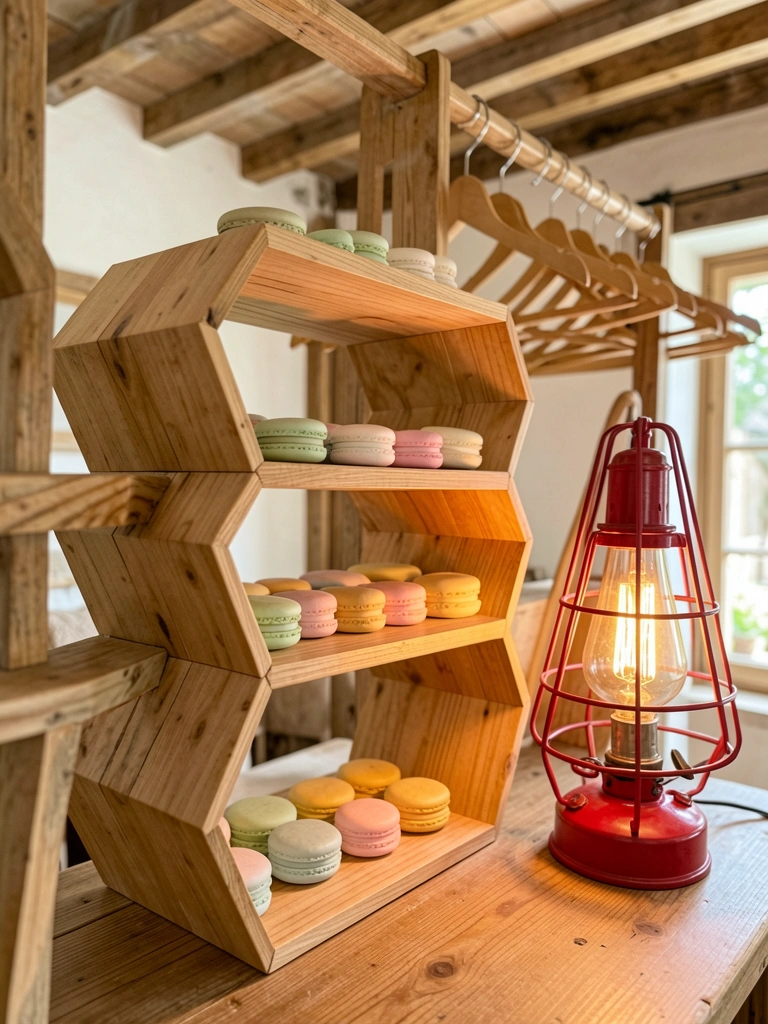 Prateleira hexagonal de madeira com macarons coloridos, luminária vintage de fio vermelho e cabides de madeira ao fundo, luz quente e difusa.
