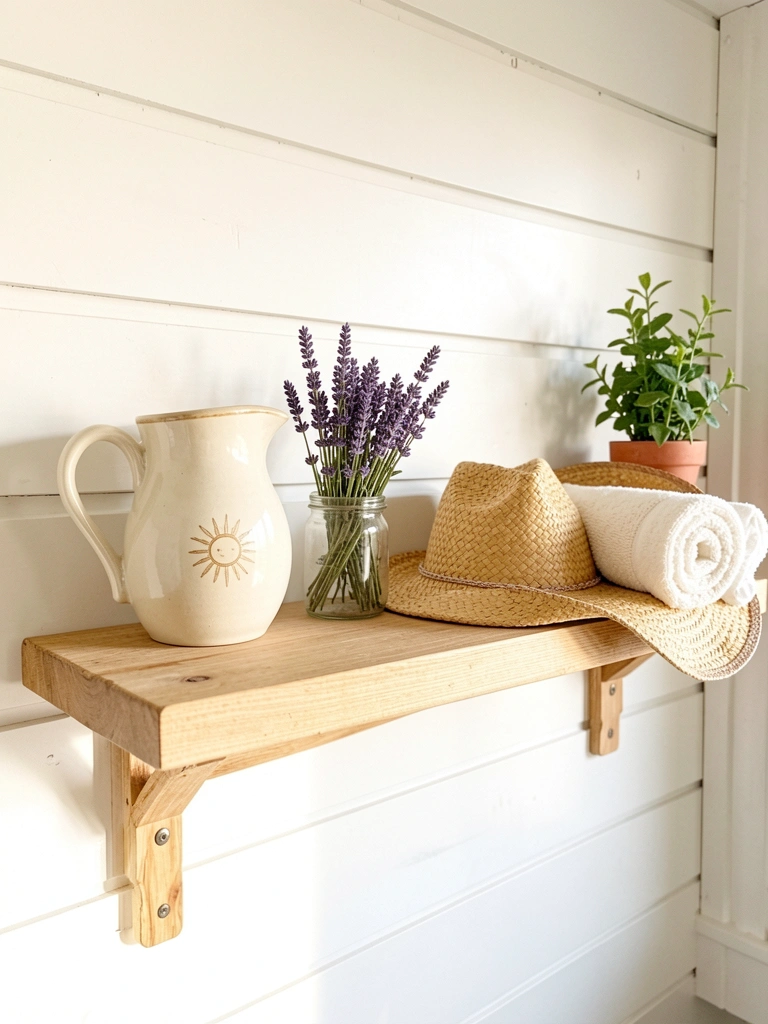 Prateleira rústica de madeira clara com jarro de cerâmica, lavanda, chapéu de palha e toalha enrolada, iluminada por luz natural em parede de shiplap branca.