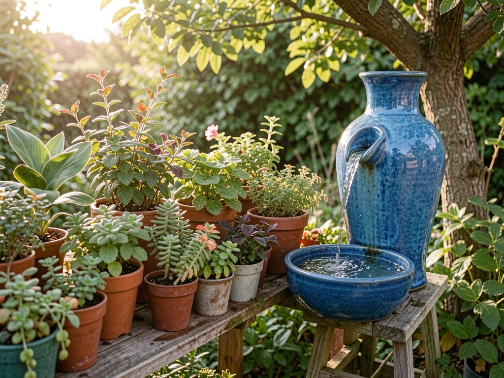 Luz solar incide sobre prateleira rústica com vasos de plantas variadas e fonte de cerâmica azul com água corrente.