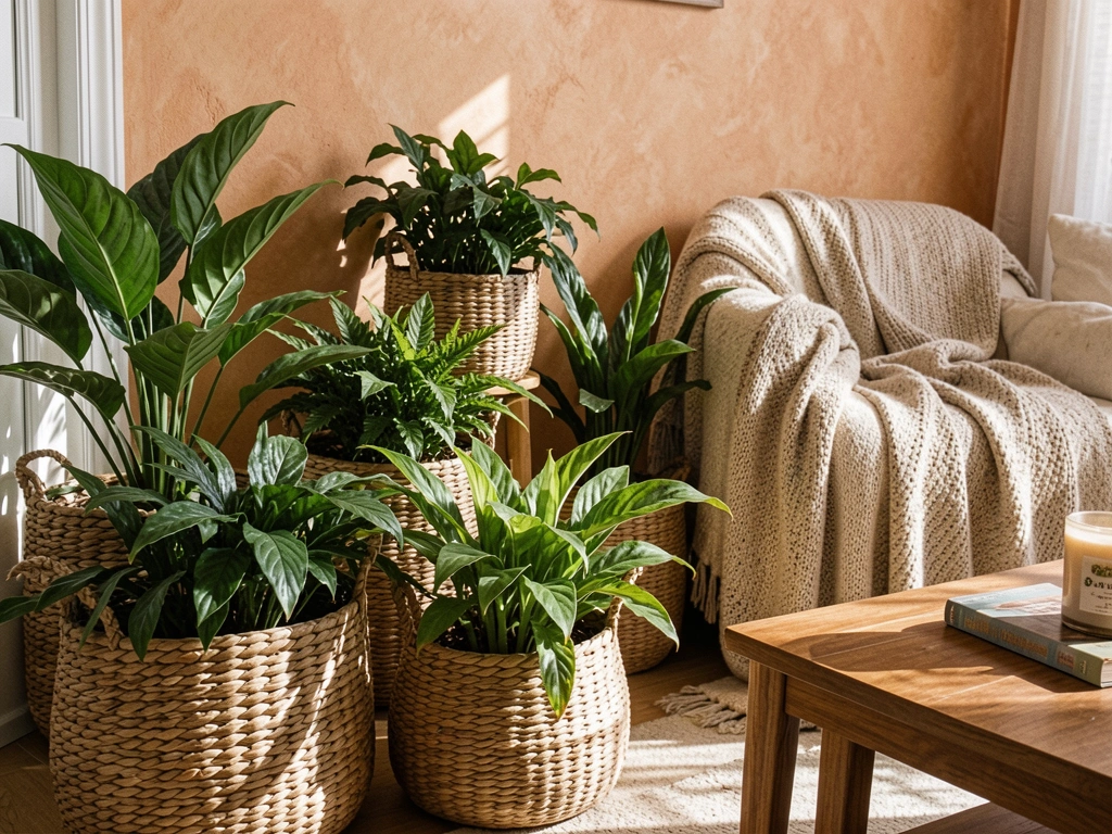 Cestos trançados de tamanhos variados com plantas verdes no chão, luz solar projetando sombras, manta texturizada sobre poltrona ao fundo.