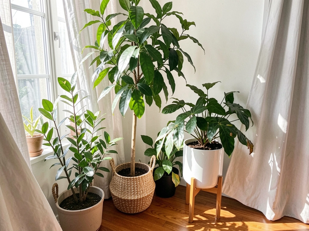 Luz natural incide sobre plantas em vasos de cestaria e cerâmica sobre piso de madeira, cortinas esvoaçantes ao fundo.