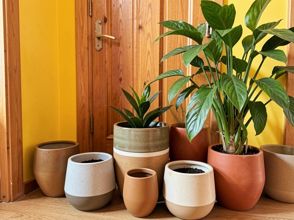 Vasos de cerâmica em tons terrosos e texturas variadas ao lado de planta verde, luz natural suave, parede amarela e porta de madeira ao fundo.