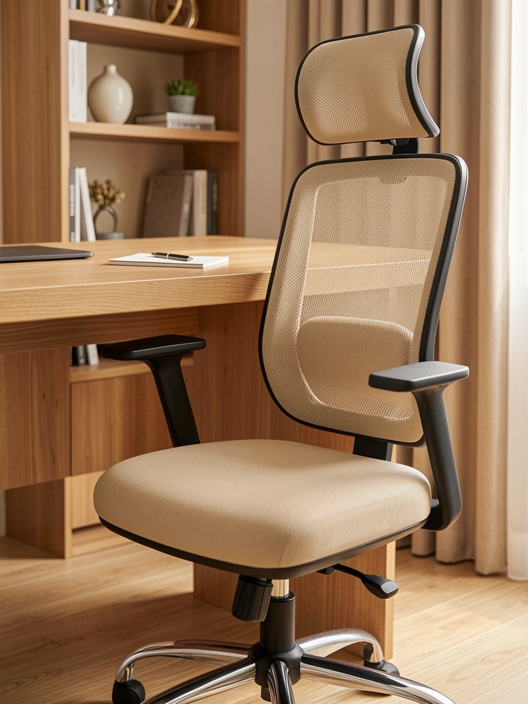 Cadeira ergonômica bege e preta com encosto de mesh e assento estofado, sobre base cromada, ao lado de bloco de notas e caneta sobre mesa de madeira clara, com estante e cortina bege ao fundo.