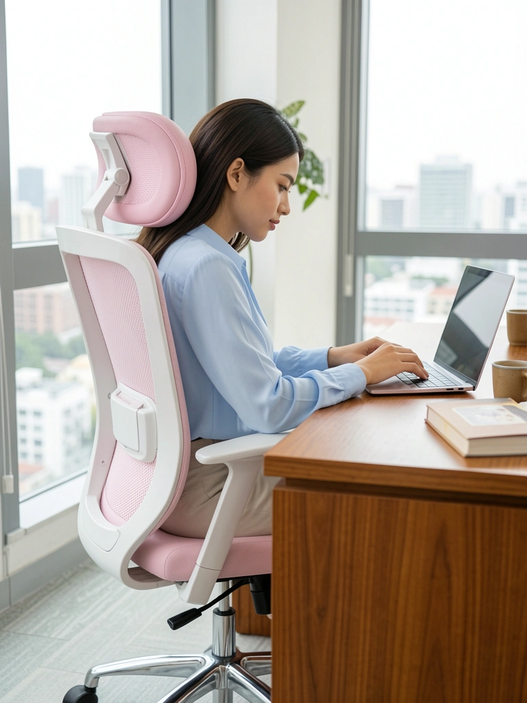 Jovem de blusa azul sentada em cadeira ergonômica branca e rosa com encosto de tela, apoiada sobre base cromada, olhando laptop sobre mesa de madeira; janela com paisagem urbana ao fundo e luz natural suave.
