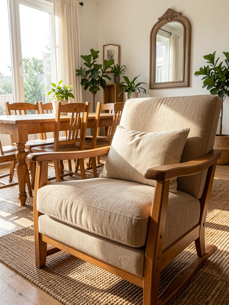 Tecido texturizado de poltrona estofada em primeiro plano, com mesa de madeira e plantas ao fundo, luz natural suave.