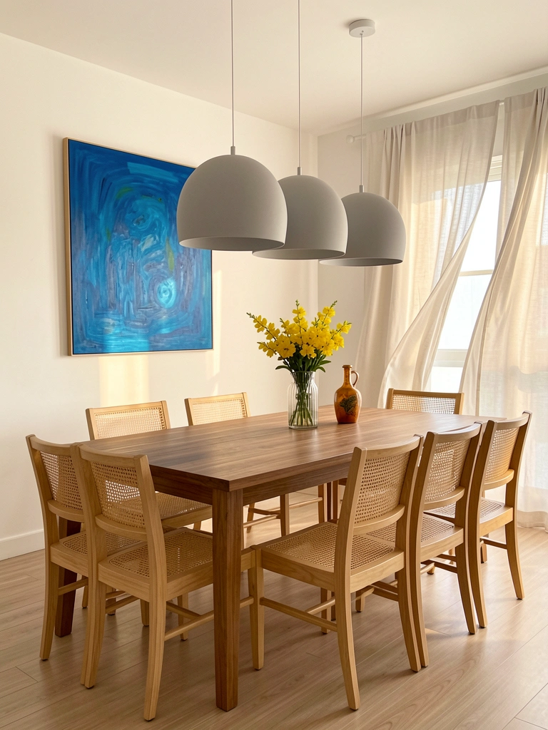 Cadeiras Veiga de palhinha e madeira clara em torno de mesa retangular, pendentes arredondados cinza, pintura azul abstrata e vaso com flores amarelas.