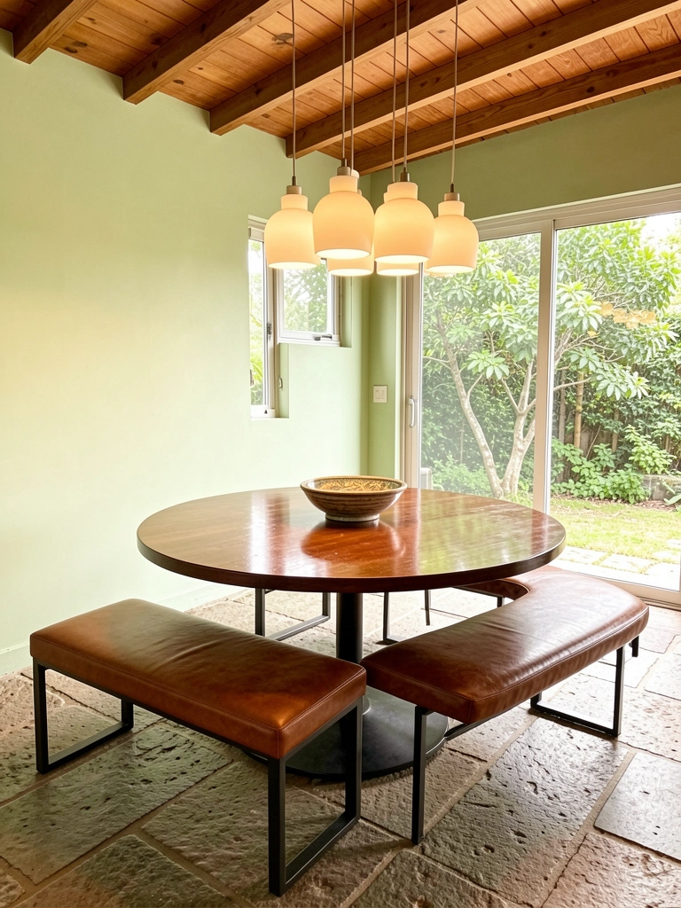 Mesa redonda de madeira com base de metal escura e banco estofado em couro marrom, pendentes de luz branca sobre teto de madeira com vigas, parede verde clara e porta de vidro com vista para área verde.