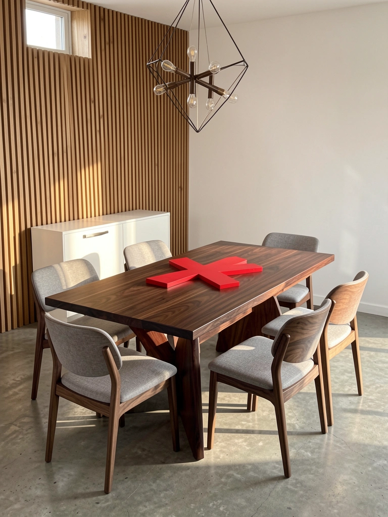 Mesa de jantar retangular de nogueira escura com centro de mesa vermelho em formato de X, cadeiras estofadas cinza claro e lustre geométrico, luz natural entrando por janela.