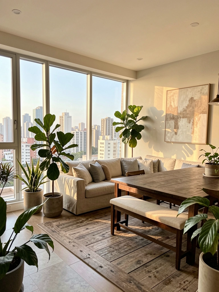 Luz natural entra por janelão de vidro duplo, sofá de linho bege, mesa de madeira escura e banco claro, vasos com plantas.